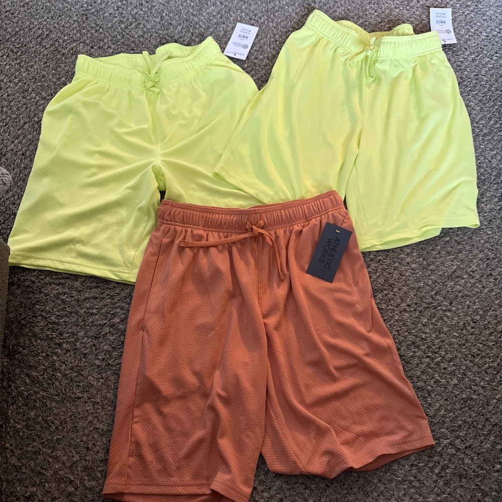 3 Athletic Works Men's Small Core Mesh Shorts 2 Yellow And 1 Orange W/ Pockets